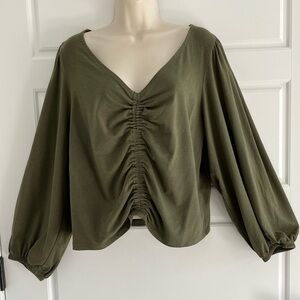 Banana Republic Olive Green Long Sleeve Ruched Front Cropped Top Blouse Size XL